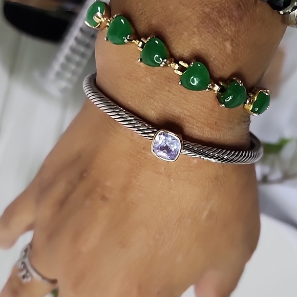 Silver Cable Flex Open Cuff Bracelet with  Amethyst Color Stone - Picture 7 of 8